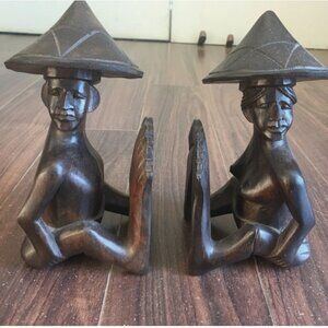 Vintage Wooden Asian Bookends Man and Woman